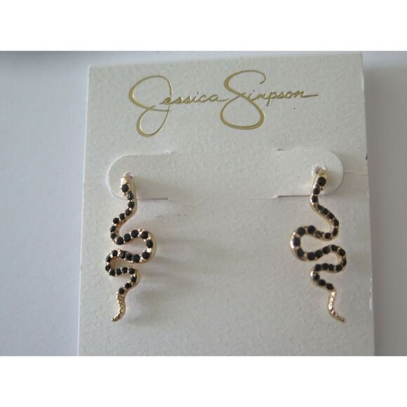 Jessica Simpson Pair of Black Rhinestone Snake Gold-Tone Earrings - Picture 2 of 5